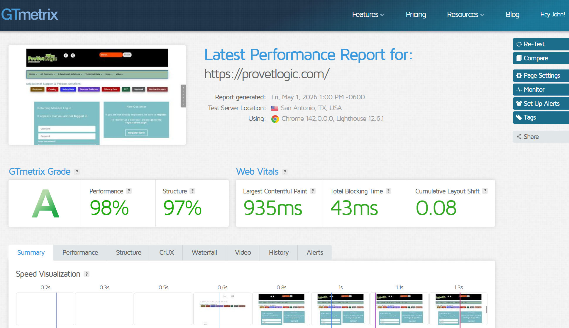 GTmetrix performance results for a Foggy Bottom Web Design client site